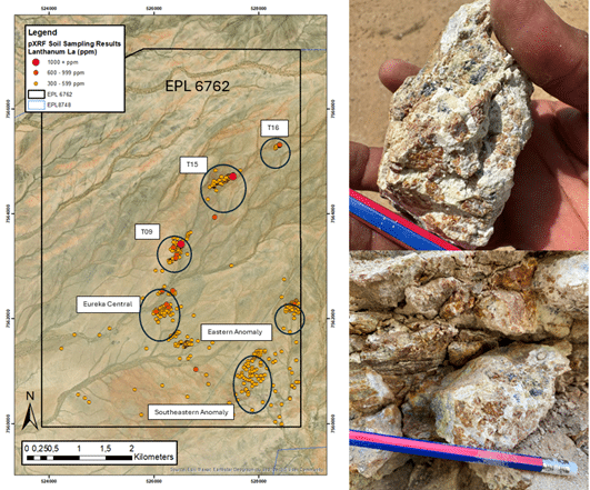 Figure 2: Q1 Trenching program targets and visible monazite from T071B (Target 9) and T077 (Target 16).